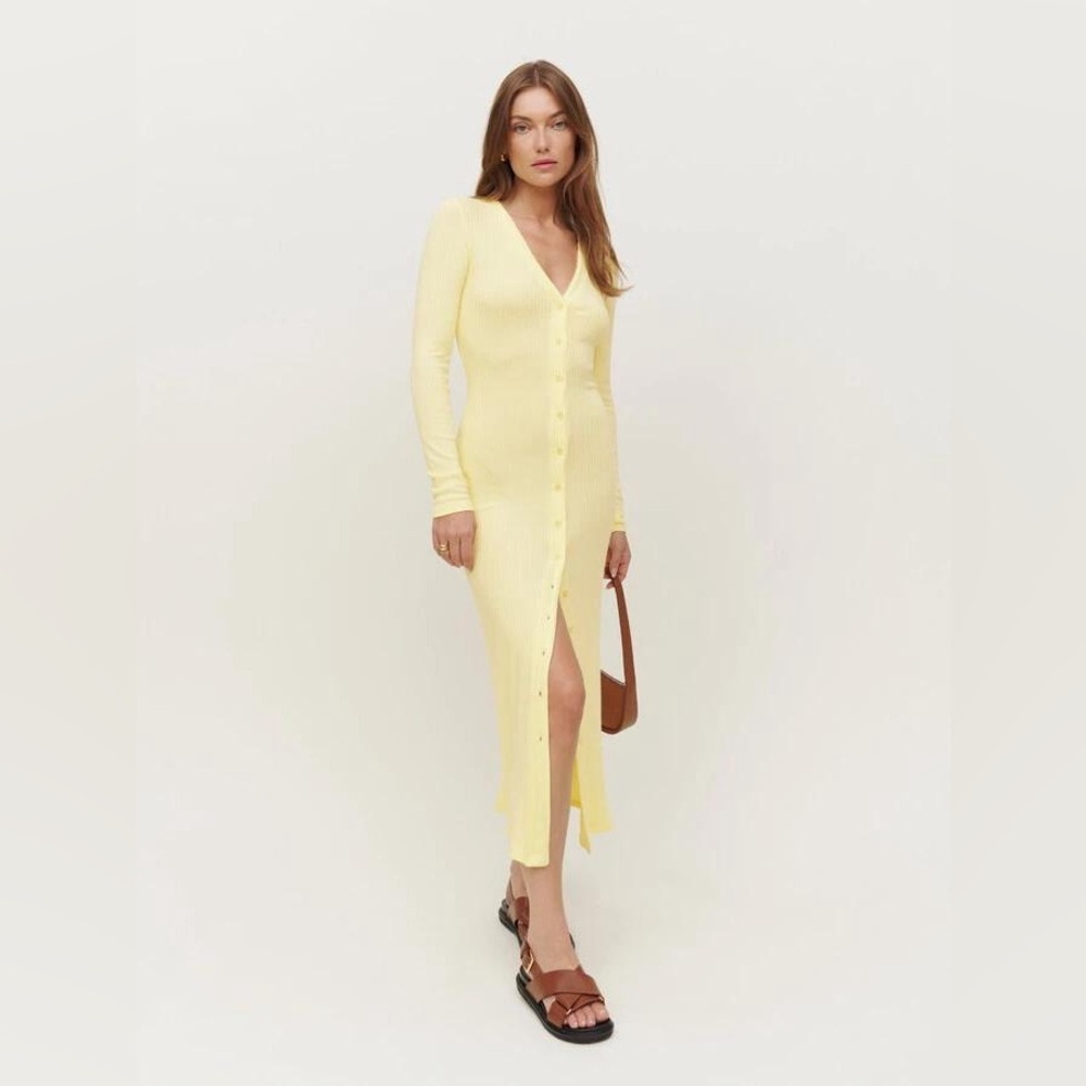 NWOT Reformation Butter Yellow Ribbed Cardigan Button Maxi Dress XL